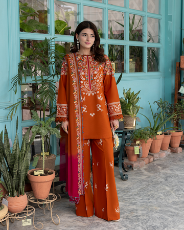 Elegant Dhanak 3PC Embroidered Unstitched Suit with Chiffon Dupatta