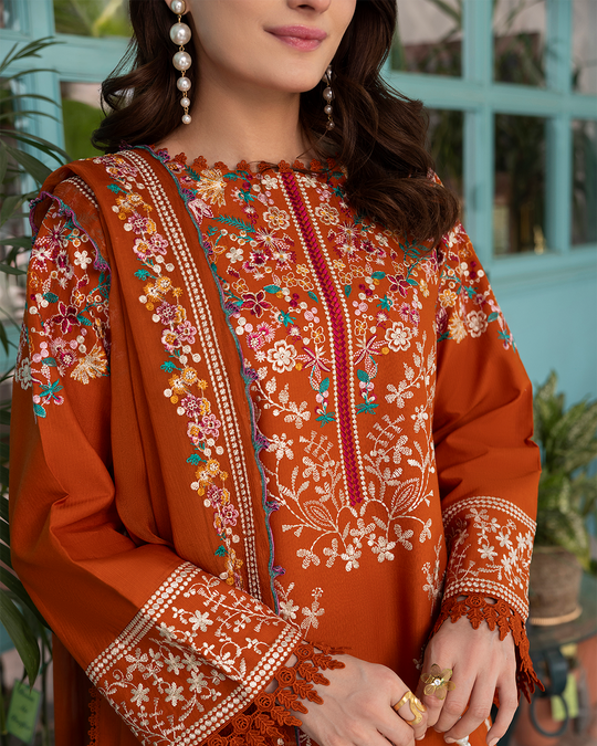 Elegant Dhanak 3PC Embroidered Unstitched Suit with Chiffon Dupatta