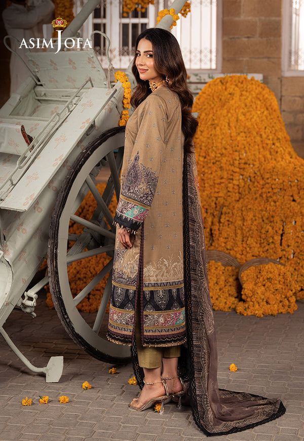AJAR-16 Khaaki Digital Printed Lawn 3-Piece Suit