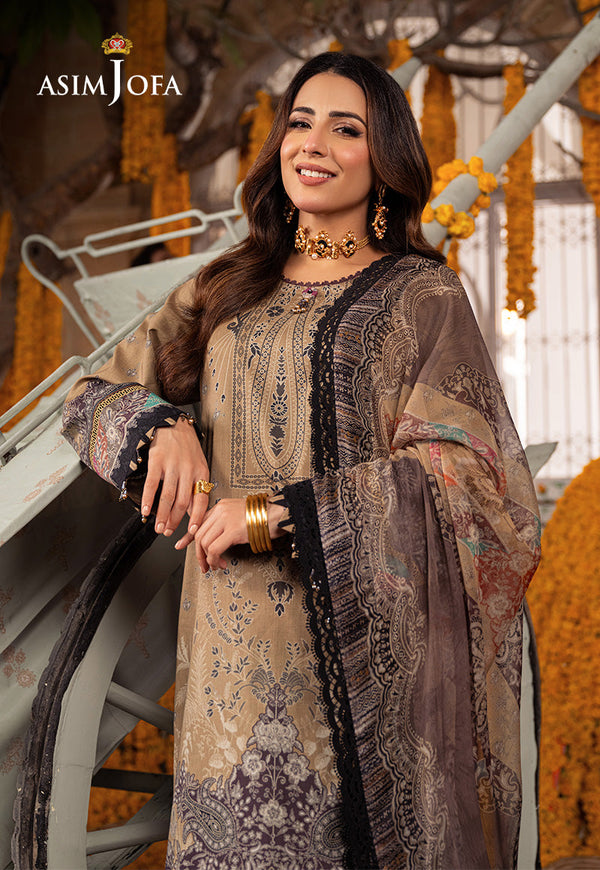 AJAR-16 Khaaki Digital Printed Lawn 3-Piece Suit
