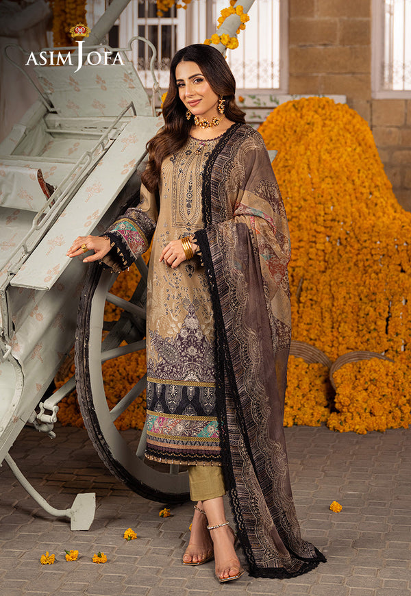 AJAR-16 Khaaki Digital Printed Lawn 3-Piece Suit