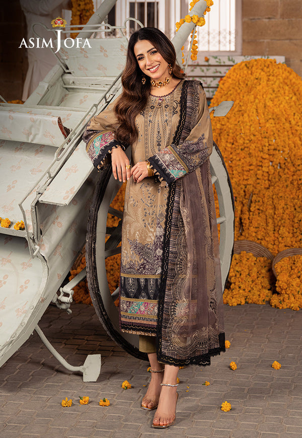 AJAR-16 Khaaki Digital Printed Lawn 3-Piece Suit