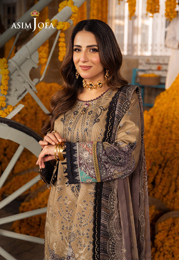 AJAR-16 Khaaki Digital Printed Lawn 3-Piece Suit