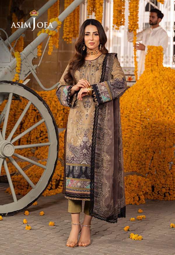 AJAR-16 Khaaki Digital Printed Lawn 3-Piece Suit