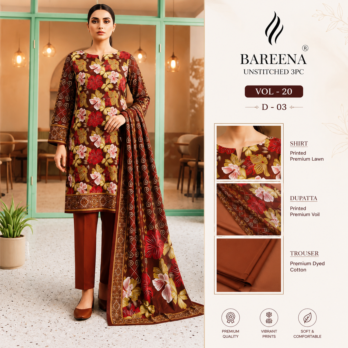 Bareena Vol-20 D-03 Printed Premium Lawn 3-Piece Suit