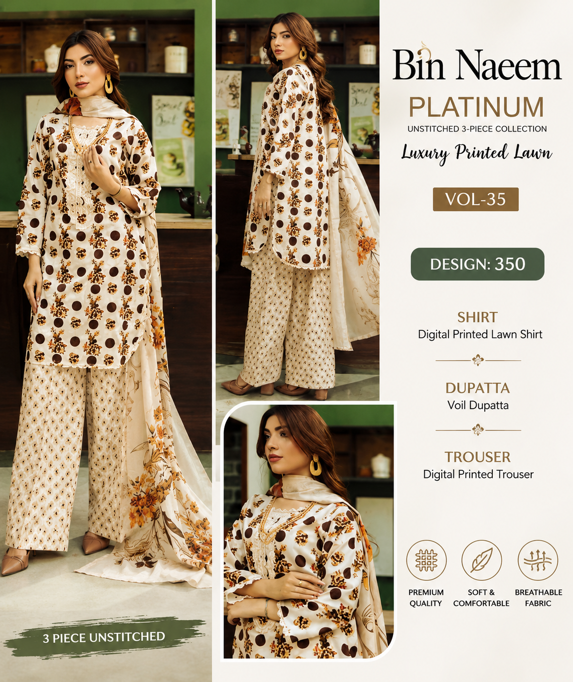 Bin Naeem Platinum Vol-35 Design 350 Luxury Printed Lawn 3-Piece Suit