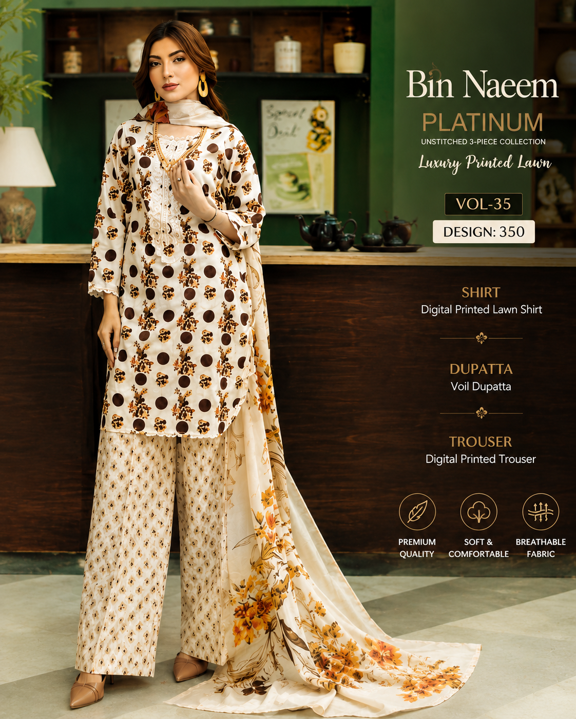 Bin Naeem Platinum Vol-35 Design 350 Luxury Printed Lawn 3-Piece Suit