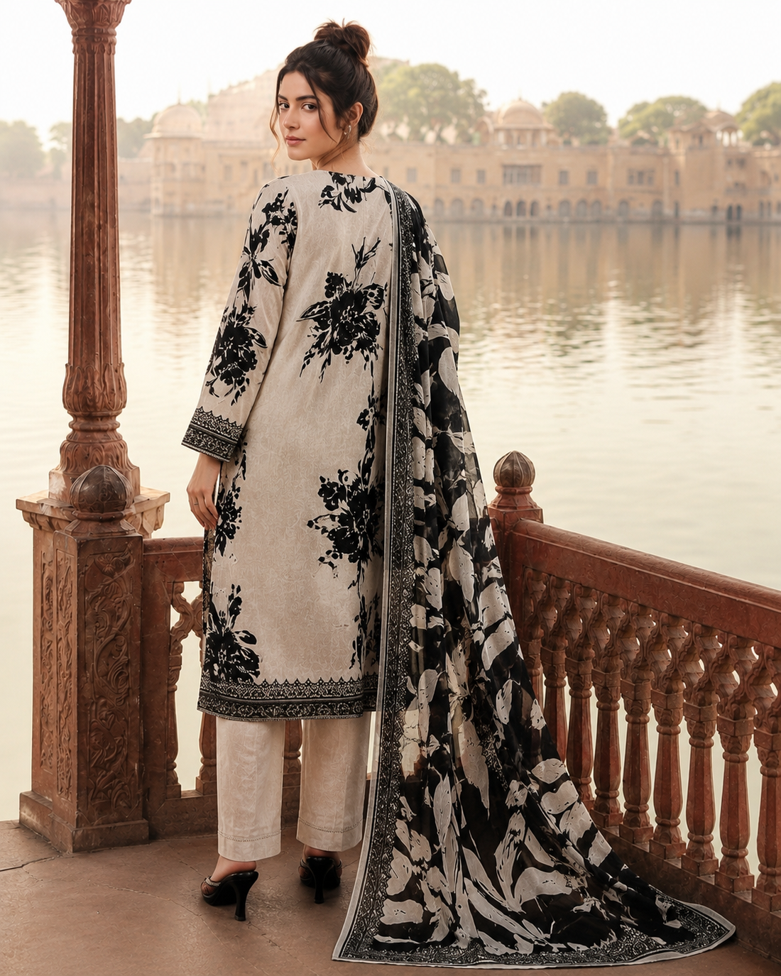Mashaim Prints Vol-05 Design-10 Monochrome Floral Lawn 3-Piece Suit
