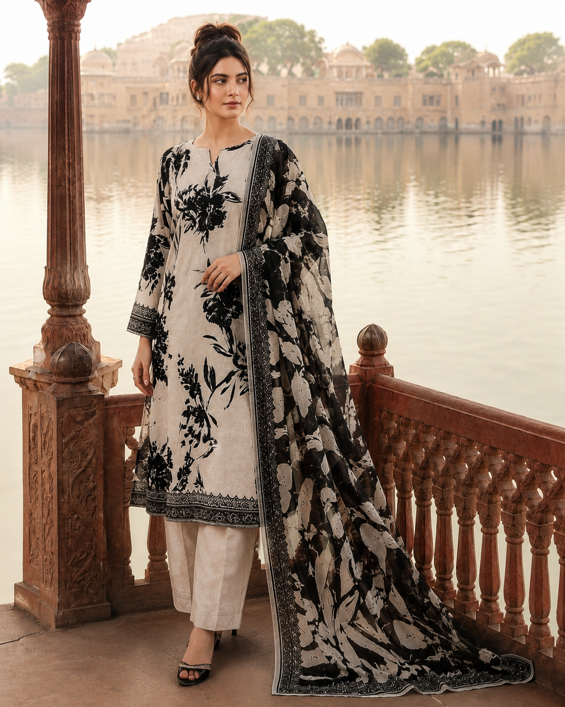 Mashaim Prints Vol-05 Design-10 Monochrome Floral Lawn 3-Piece Suit