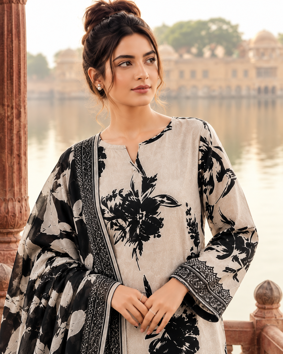 Mashaim Prints Vol-05 Design-10 Monochrome Floral Lawn 3-Piece Suit