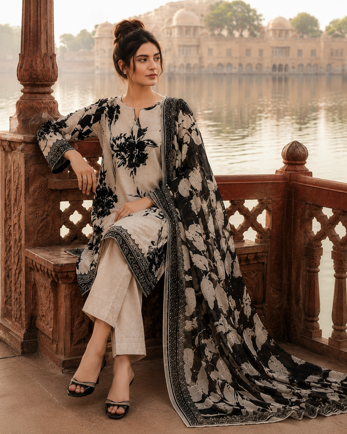 Mashaim Prints Vol-05 Design-10 Monochrome Floral Lawn 3-Piece Suit