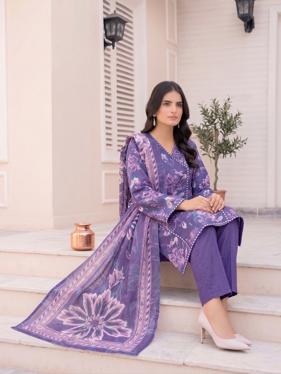Raabi Signature Vol-6 Design 07 Purple Digital Printed Slub Lawn 3-Piece Suit