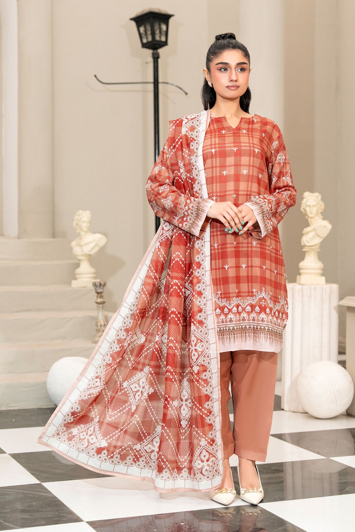 Safa Noor Light Red Printed Lawn 3-Piece Suit