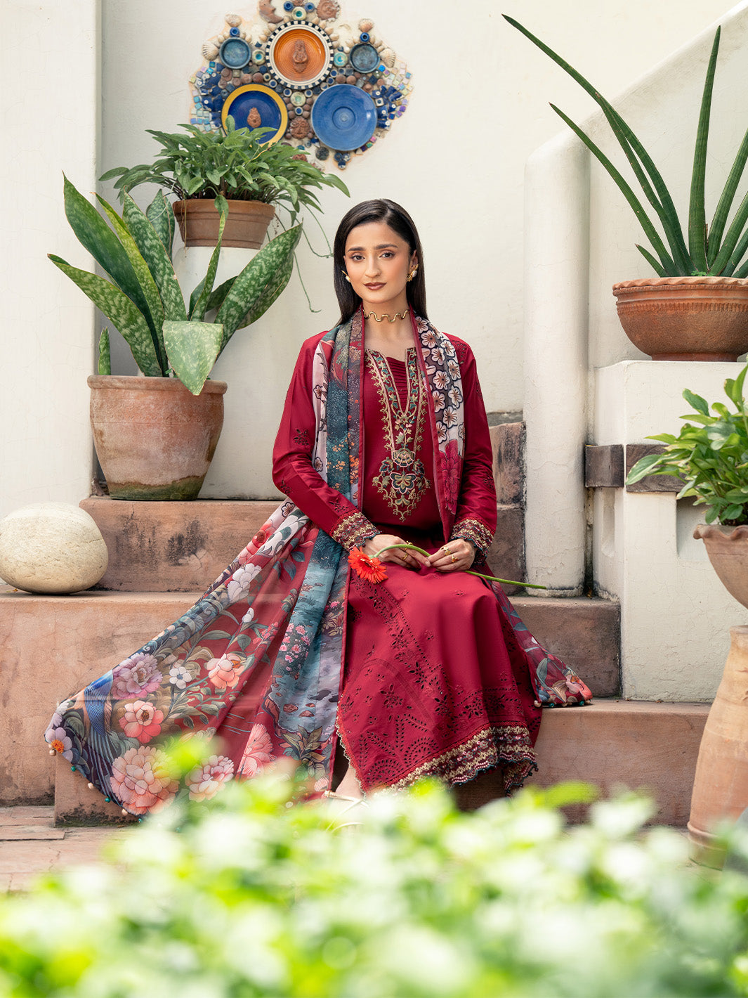 Mahrosh 3PC Embroidered Lawn Unstitched Suit with Silk Dupatta