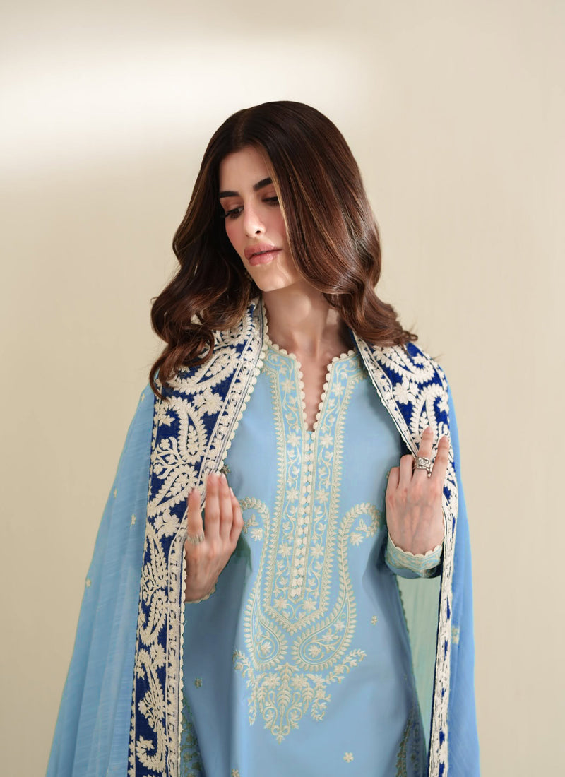 Eliana Ice Blue 3PC Embroidered Dhanak Suit
