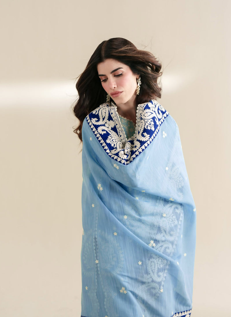 Eliana Ice Blue 3PC Embroidered Dhanak Suit