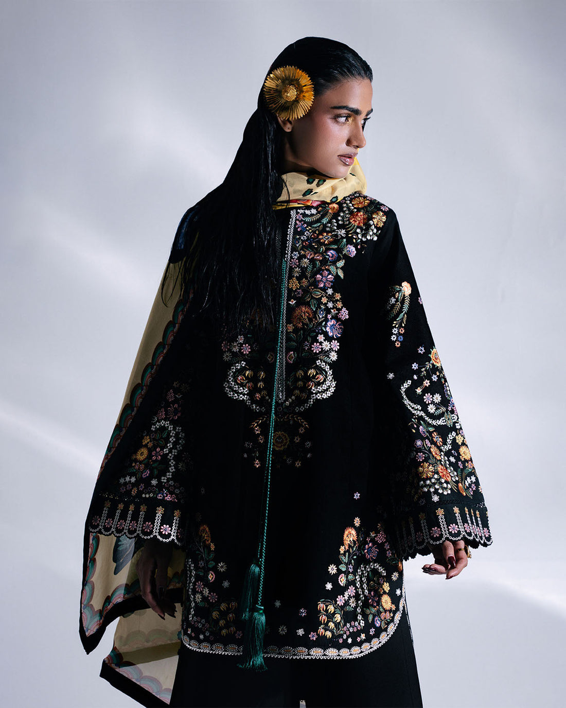 Aya Black 3PC Embroidered Cotton Suit with Silk Dupatta