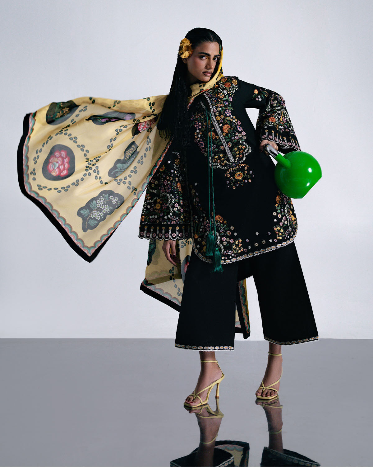 Aya Black 3PC Embroidered Cotton Suit with Silk Dupatta