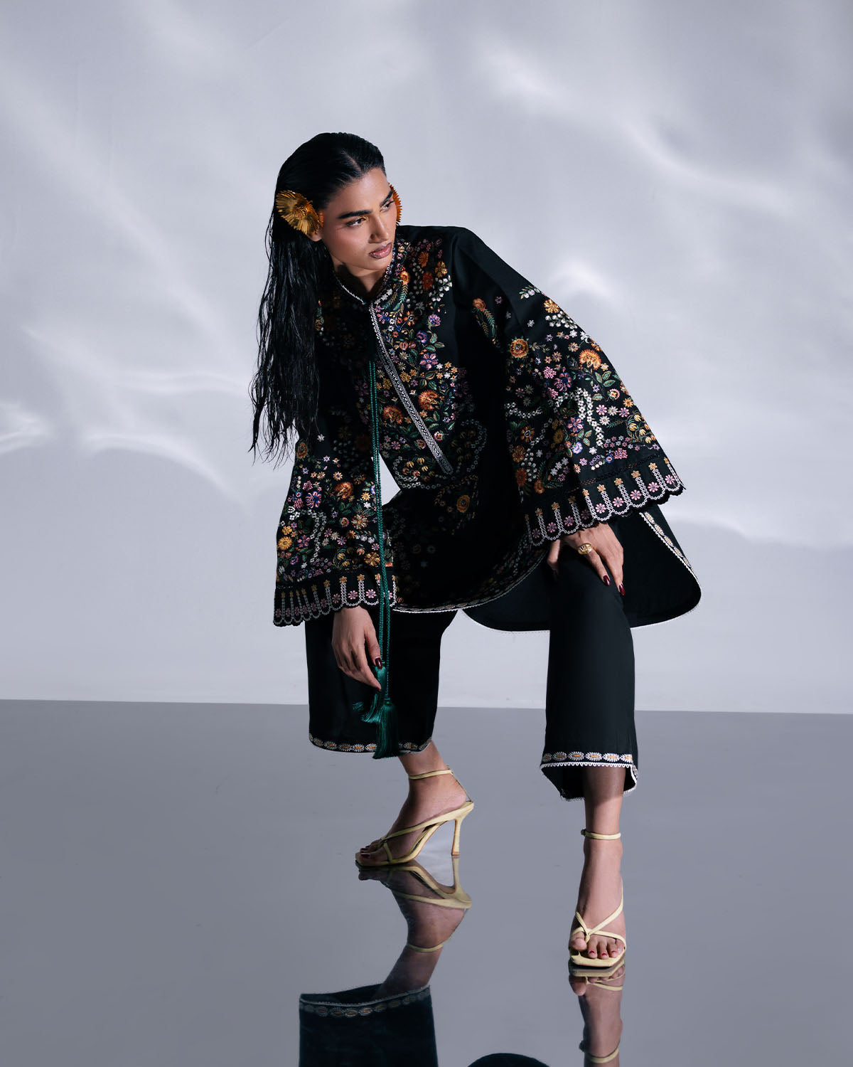 Aya Black 3PC Embroidered Cotton Suit with Silk Dupatta