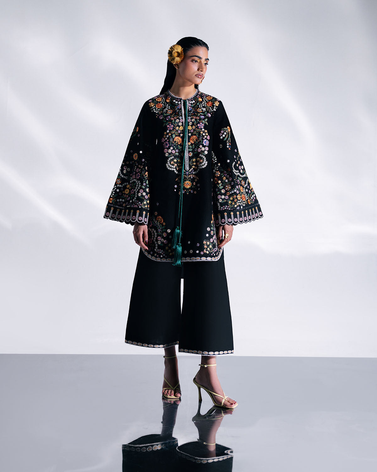 Aya Black 3PC Embroidered Cotton Suit with Silk Dupatta