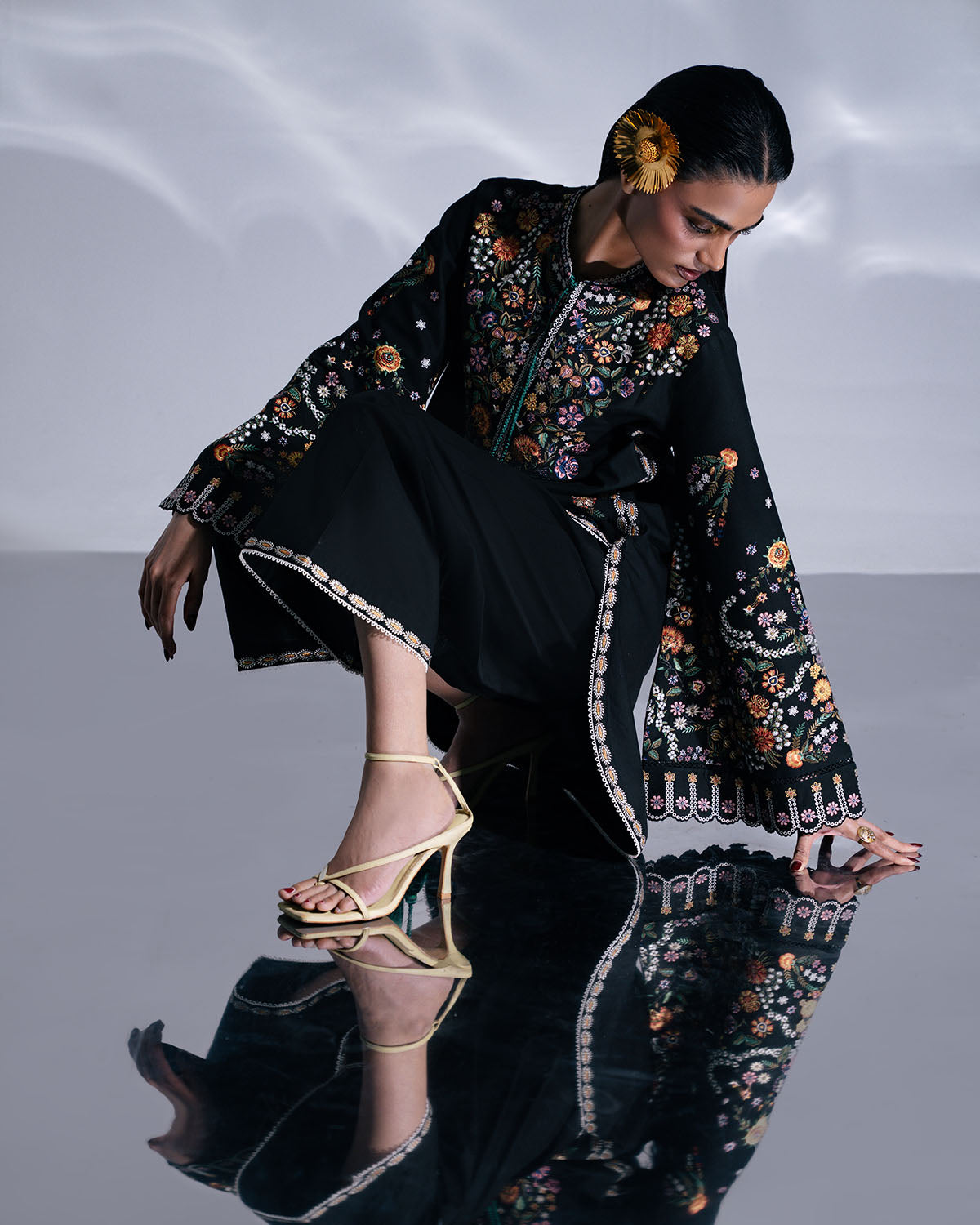Aya Black 3PC Embroidered Cotton Suit with Silk Dupatta