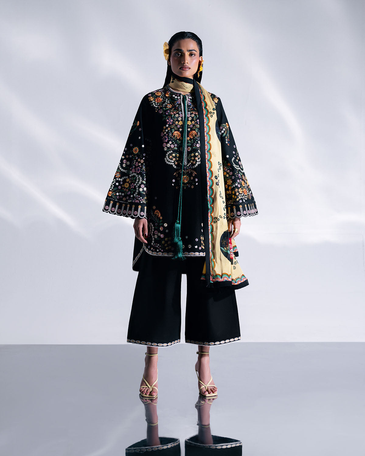 Aya Black 3PC Embroidered Cotton Suit with Silk Dupatta