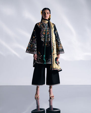 Aya Black 3PC Embroidered Cotton Suit with Silk Dupatta